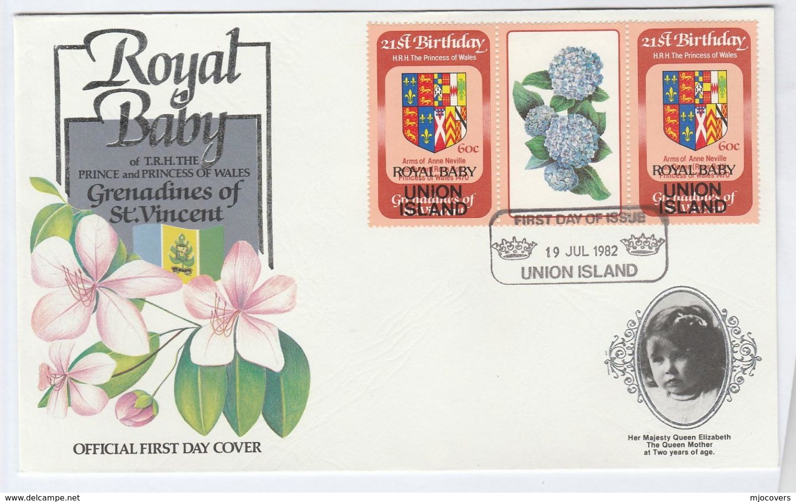 1982 FDC UNION ISLAND ROYAL BABY Ovpt Princess Diana Birthday Flower Stamps Royalty Cover St Vincent Grenadines - Royalties, Royals