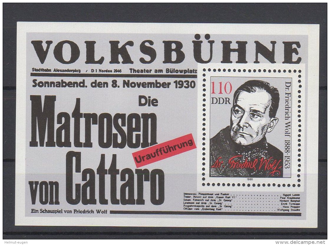 MiNr. 3213 (Block 96) Deutschland Deutsche Demokratische Republik    1988: 100. Geburtstag Von Friedrich Wolf - 1981-1990