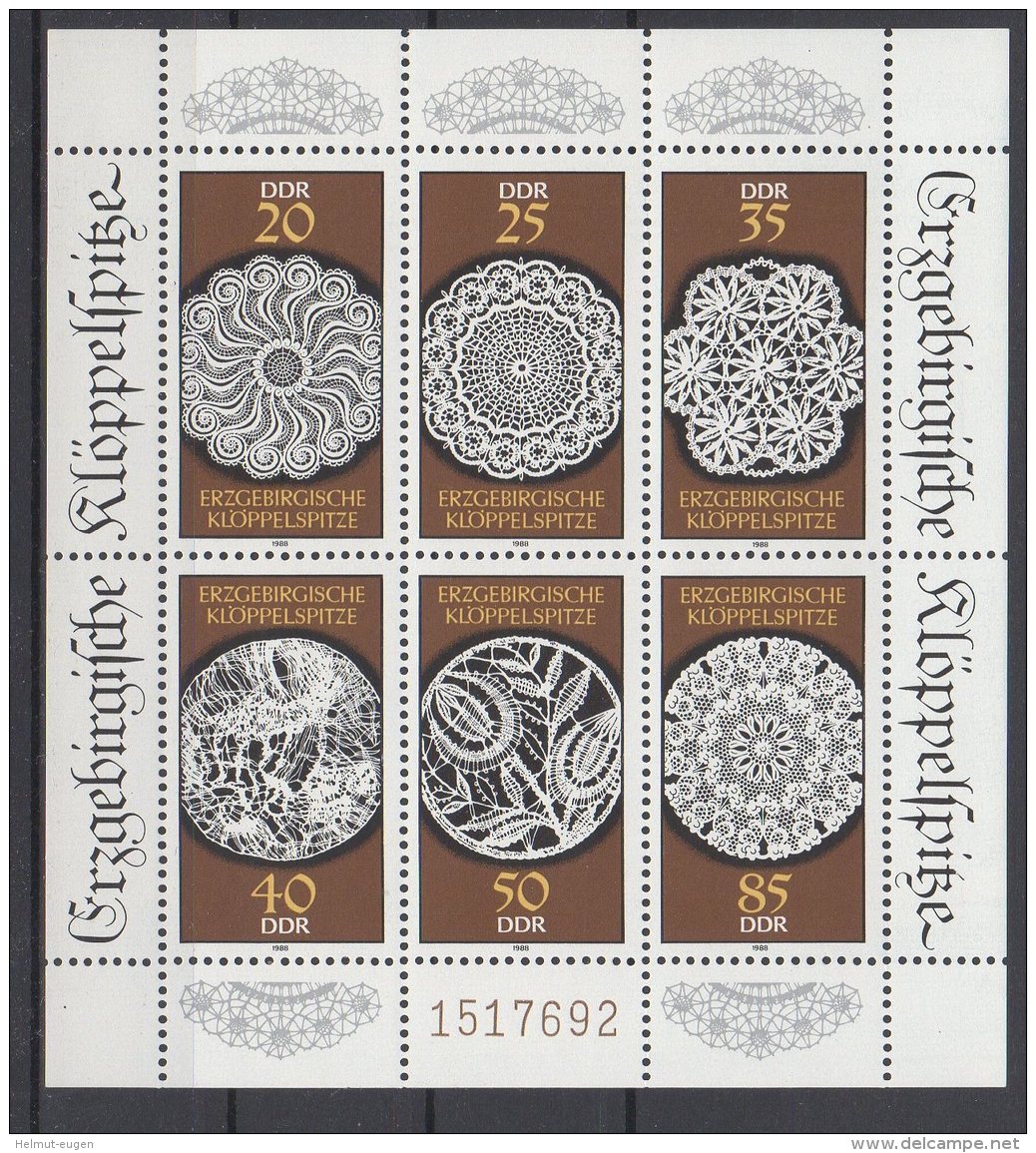 MiNr. 3215 - 3220 Deutschland Deutsche Demokratische Republik    1988, 22. Nov. Erzgebirgische Klöppelspitze. - 1981-1990