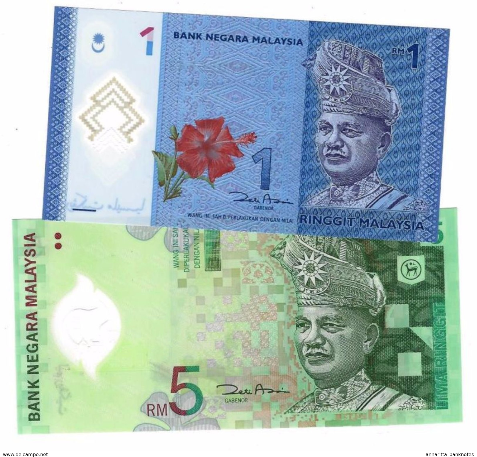 MALAYSIA 1 & 5 RINGGIT ND (2004-2011) P-51, 47 UNC [MY145a, 149a] - Malaysia