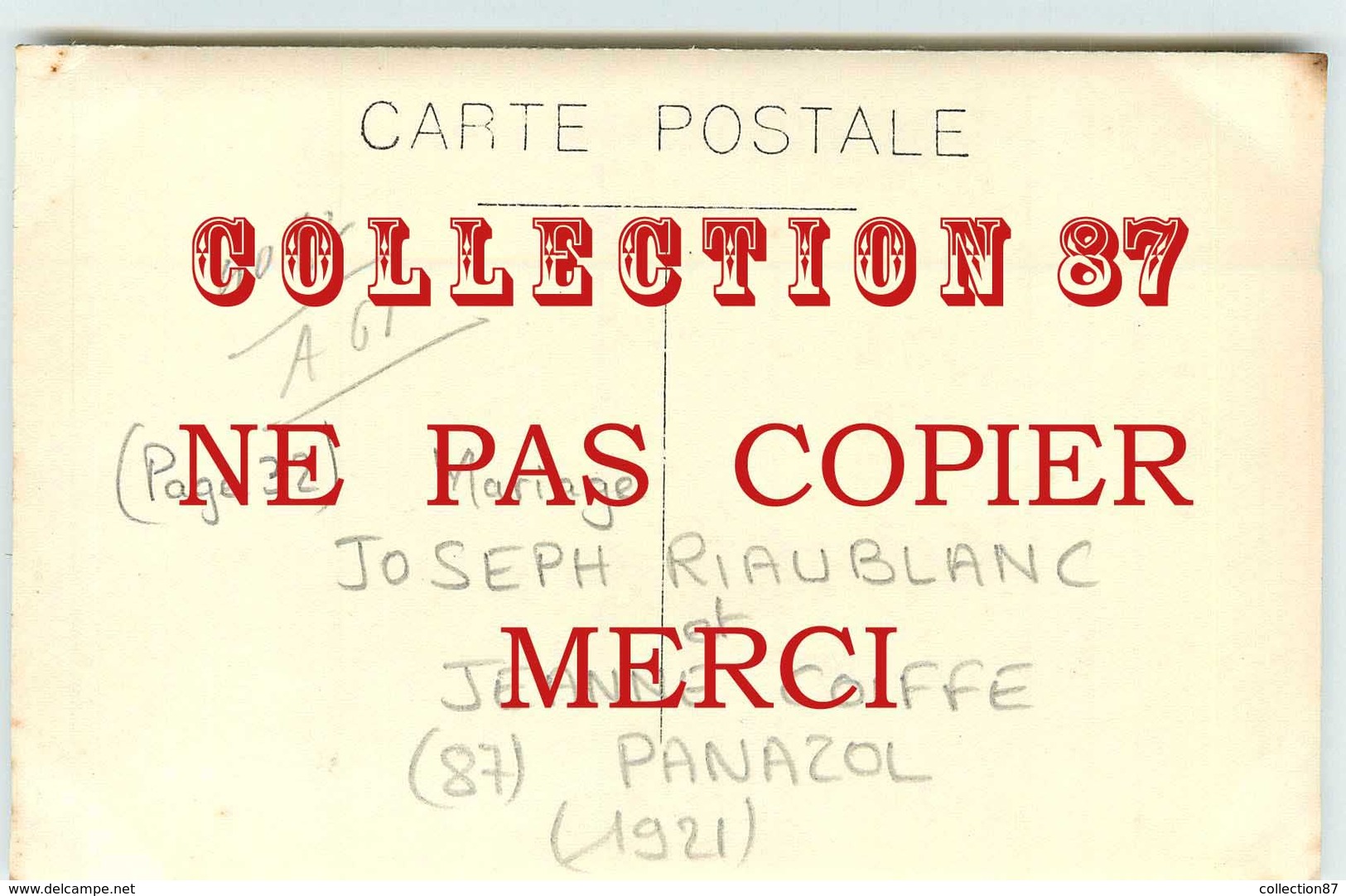 87 - PANAZOL < MARIAGE JOSEPH RIAUBLANC & JEANNE COIFFE En 1921 < CARTE PHOTO < VOIR DESCRIPTION - Panazol