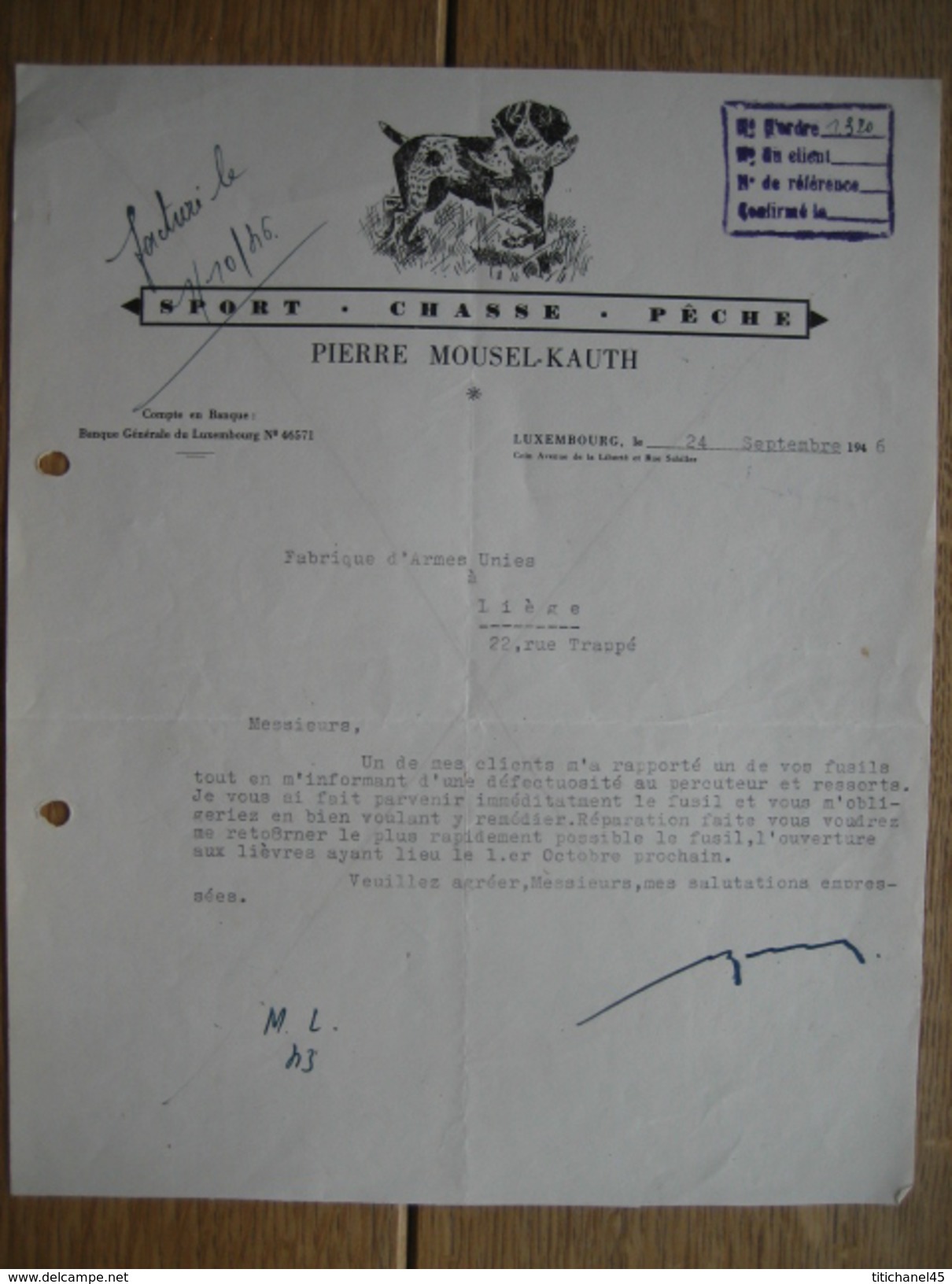 LUXEMBOURG 1946 - PIERRE MOUSEL-KAUTH - Sport - Chasse - Pêche - Luxembourg