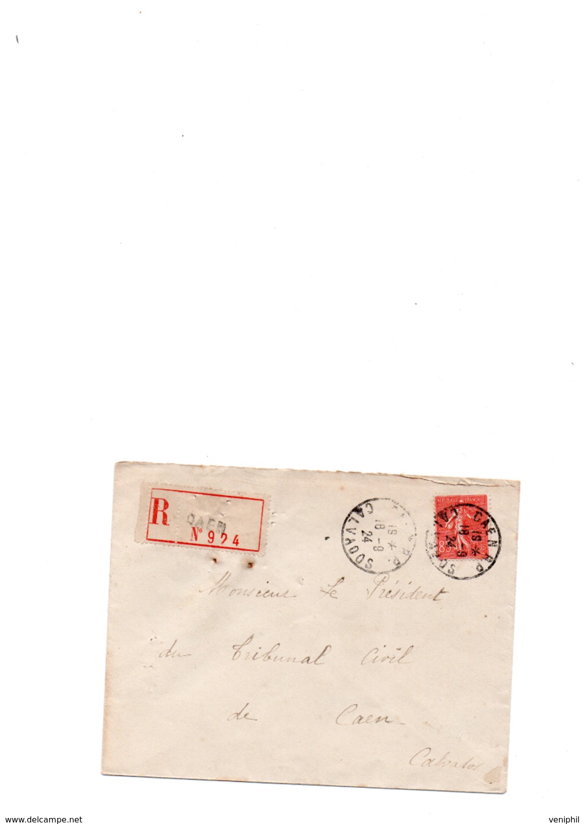 LETTRE RECOMMANDEE AFFRANCHIE N° 204 - CAD CAEN RP  - CALVADOS - 1924 - 1921-1960: Periodo Moderno