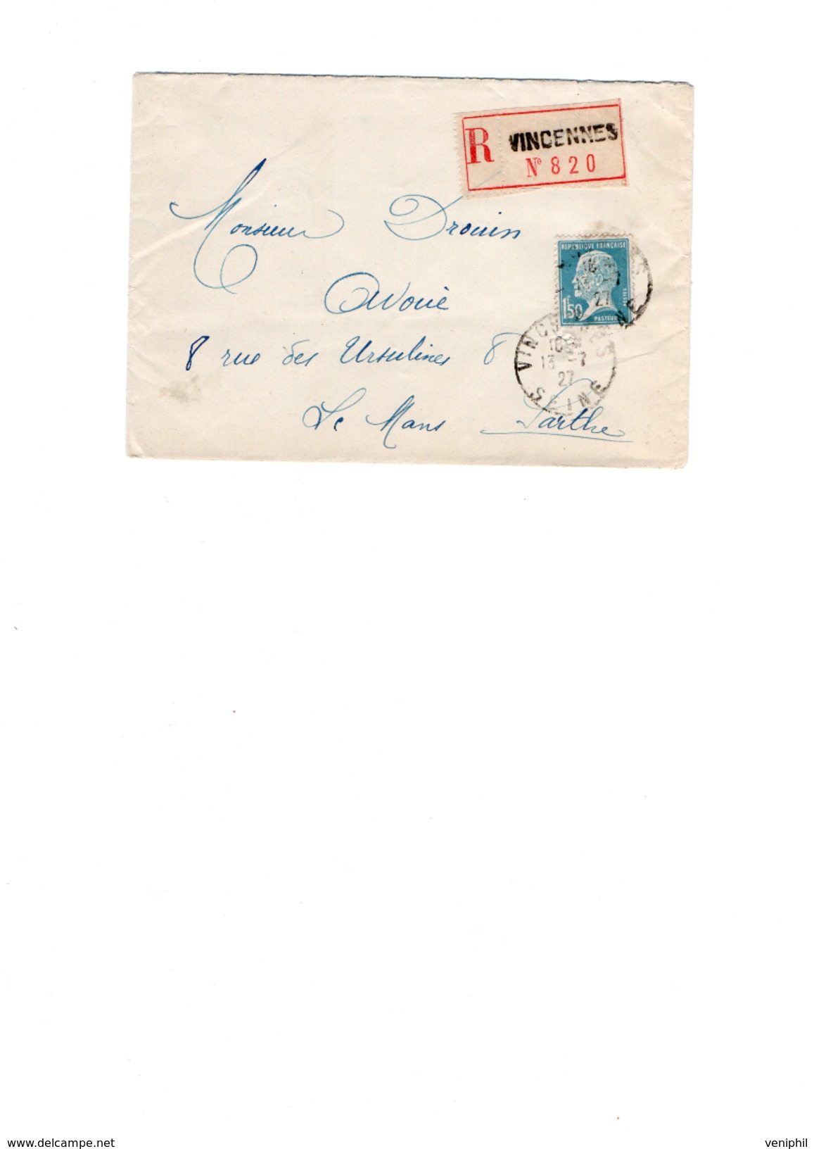 LETTRE RECOMMANDEE AFFRANCHIE N° 181 - PASTEUR -  CAD  VINCENNES 1927 - 1921-1960: Période Moderne