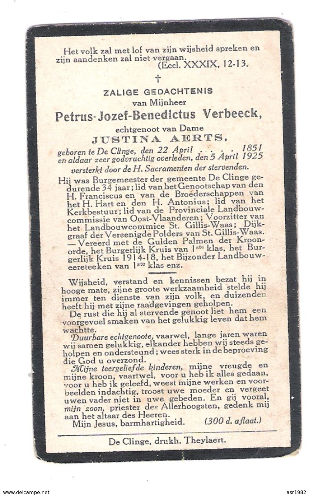 Doodsprentje Burgemeester  De Klinge : Petrus - Jozef - Benedictus Verbeeck . - Religion & Esotérisme