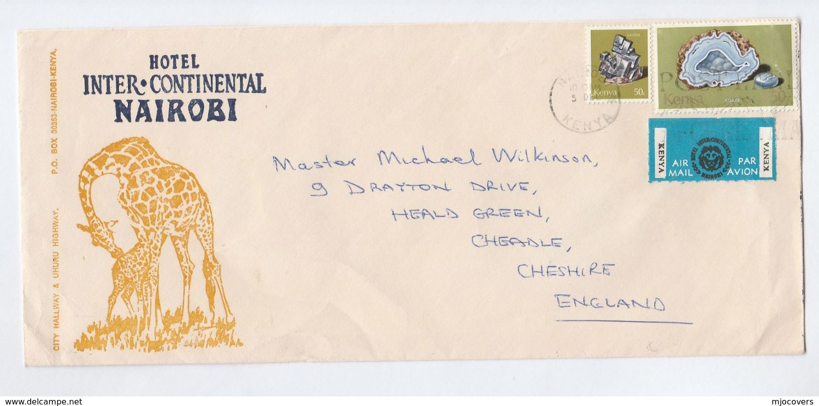 KENYA Illus ADVERT COVER HOTEL INTERCONTINENTAL NAIROBI  Illus GIRAFFE Stamps MINERALS Airmail Label - Kenya (1963-...)