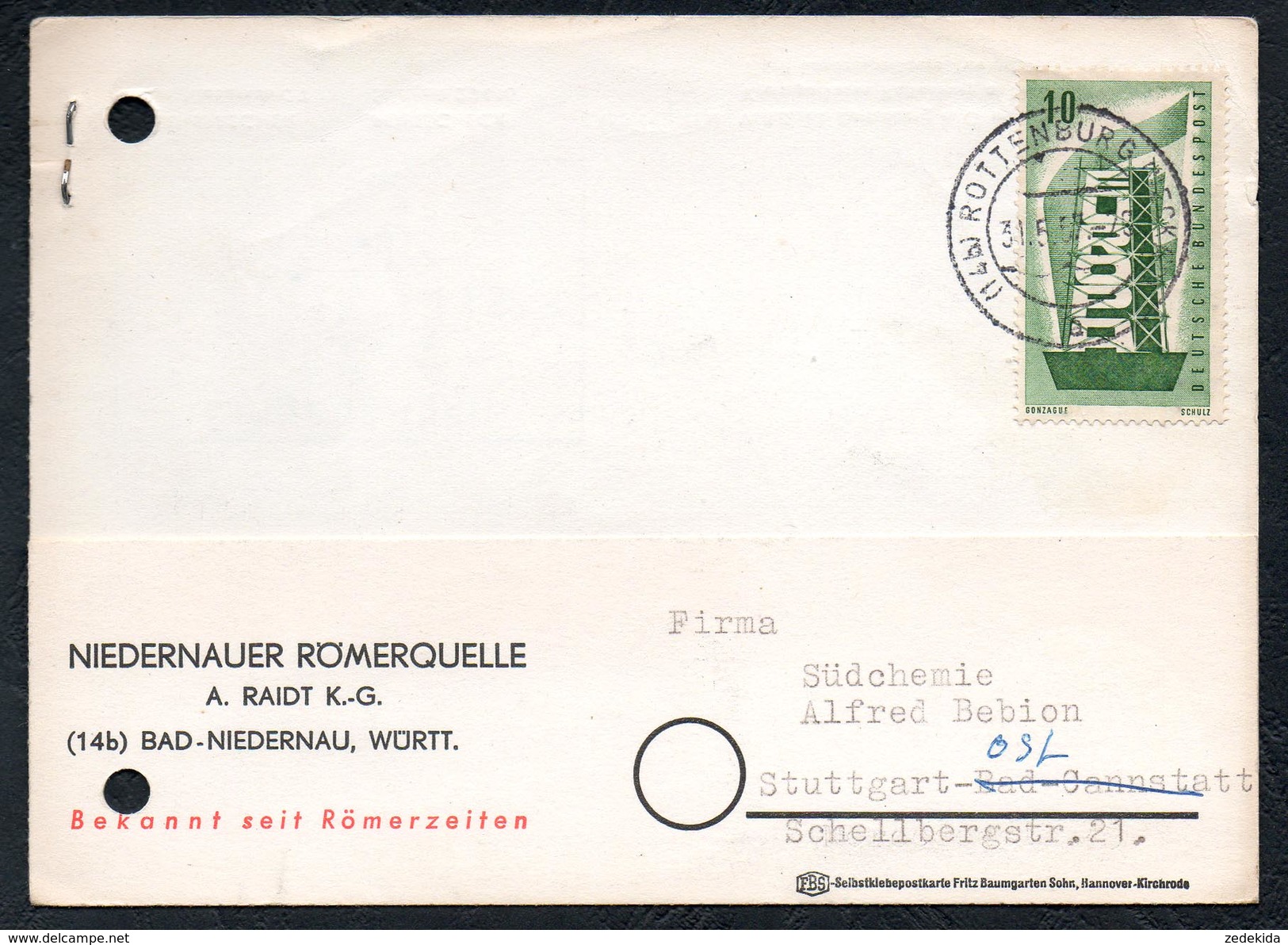 A6344 - Alte Postkarte - Bedarfspost - Bad Niedernau - Römerquelle Nach Stuttgart 1957 - Rottenburg