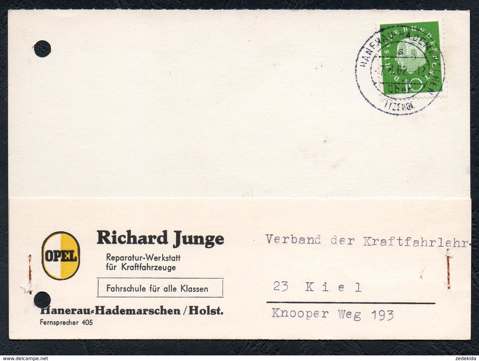 A6345 - Alte Postkarte - Bedarfspost - Hanerau Hademarschen - Richard Junge Opel Werkstatt Nach Kiel 1962 - Rendsburg