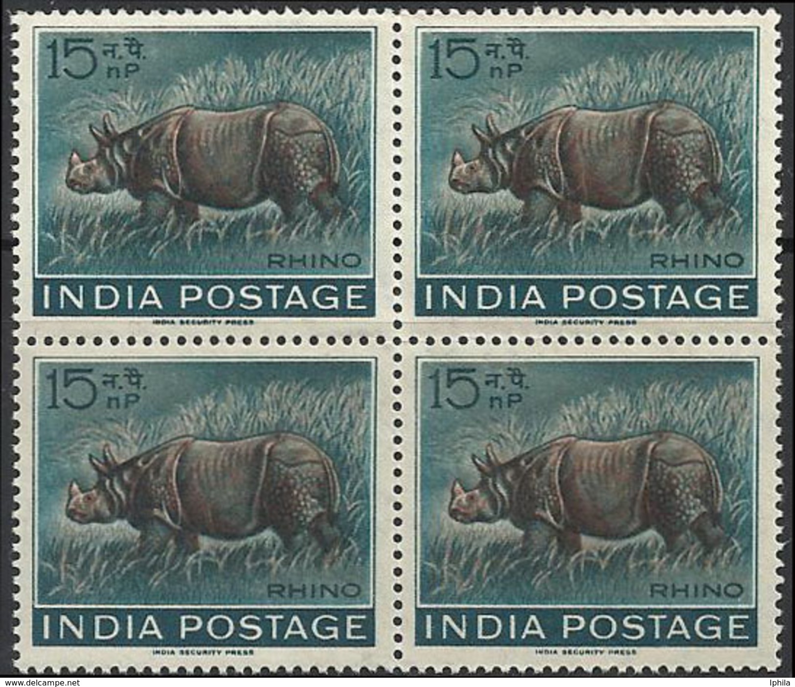 Indian Rhinoceros Rhino BLOCK Of FOUR 1962 Wild Animal Wildlife Mammal Rhinozeros Rhinocéros Indien Living Dinosaur - Rhinozerosse