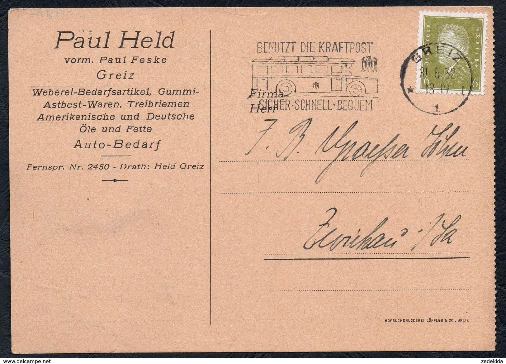 A6358 - Alte Beleg - Bedarfspost - Greiz - Paul Held Vorm Paul Feske - Weberei Gummi Astbest 1932 - Greiz