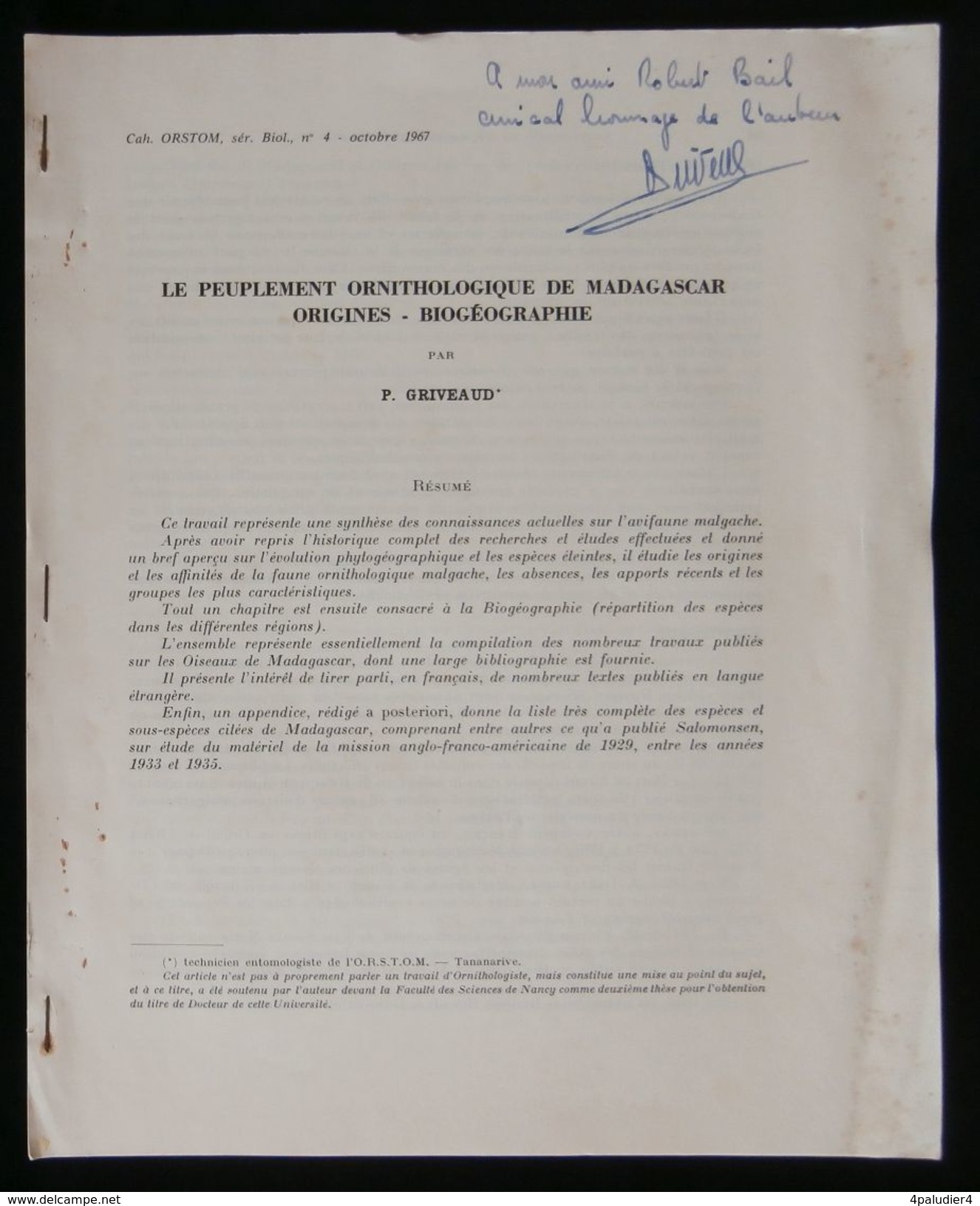 ( MADAGASCAR Ornithologie  ) LE PEUPLEMENT ORNOTHOLOGIQUE DE MADAGASCAR   Paul GRIVEAUD - Sciences