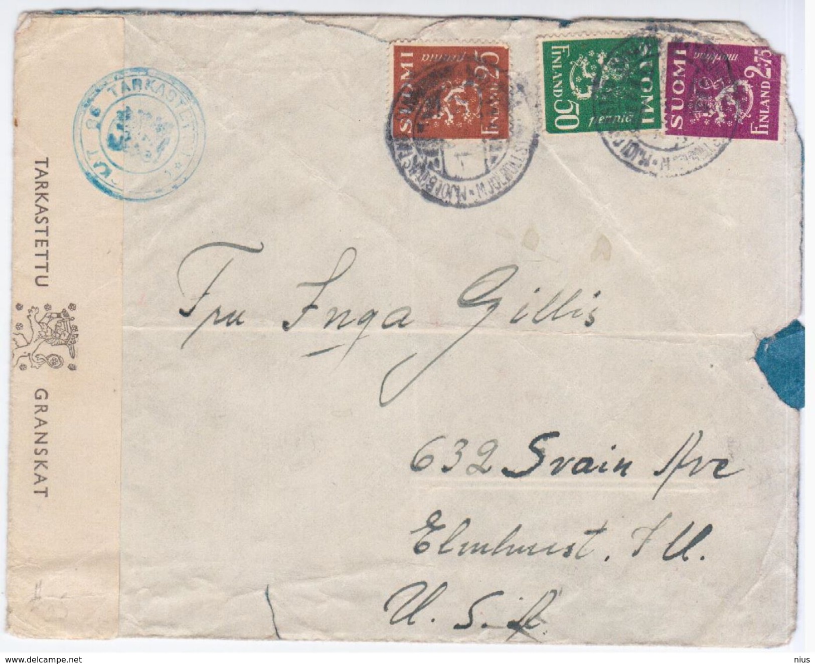 Finland Suomi 194? Tarkastettu Granskat, Sent To USA United States, - Covers & Documents