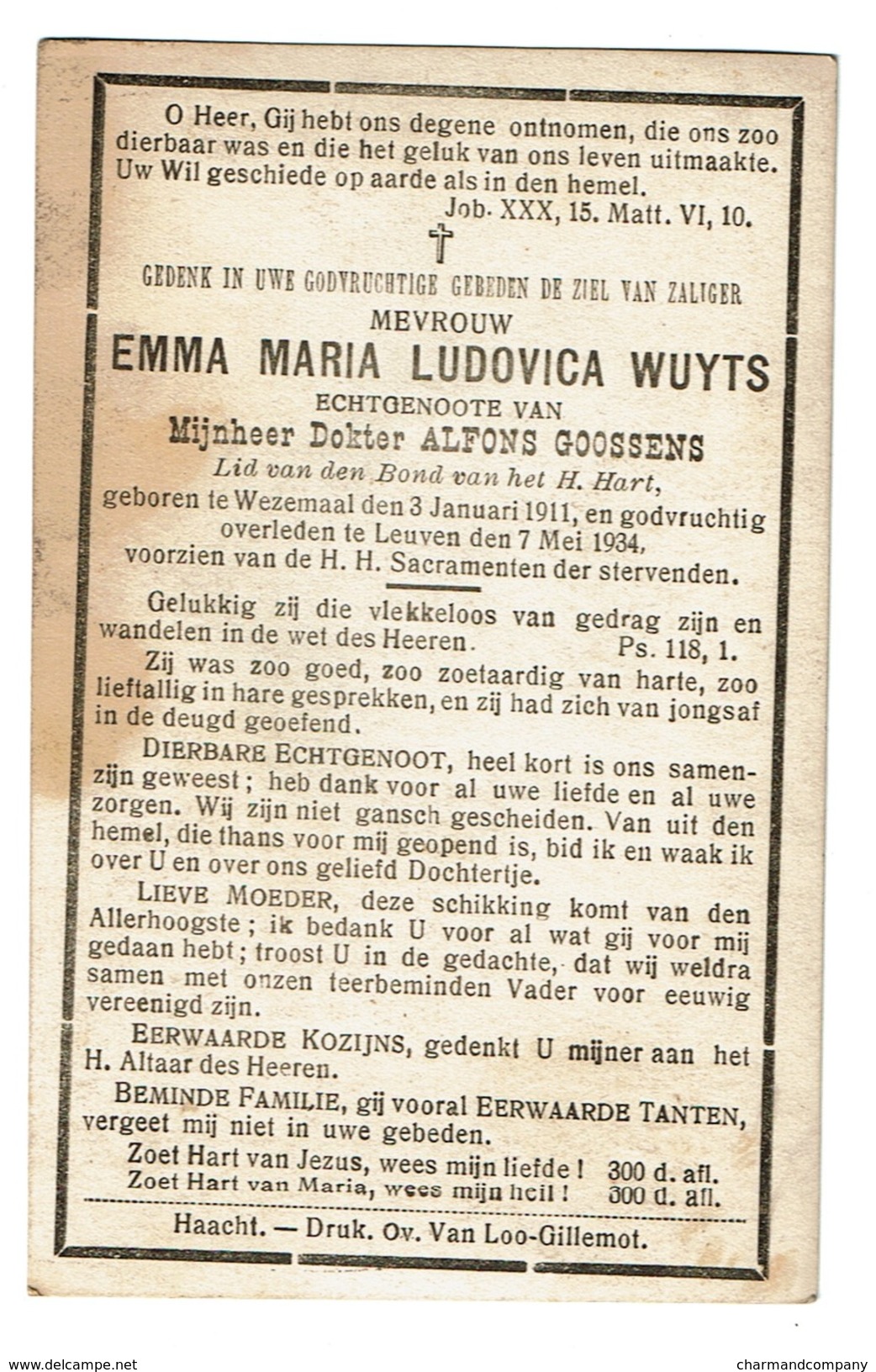 Bid Voor De Ziel - Emma Maria Ludovica WUYTS (A. Goossens) - Wezemaal 1911 / Leuven 1934 - 2 Scans - Images Religieuses