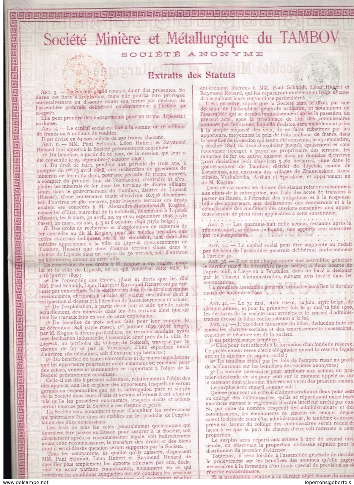 Action Ancienne - Sté Minière Et Métallurgique Du Tambov - Titre De 1899 - Mines