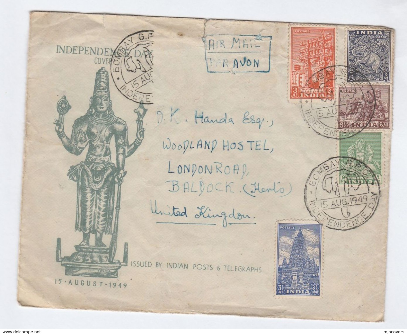 1949 INDIA FDC Stamps INDEPENDENCE DAY Air Mail To GB Elephant Pmk Cover - FDC