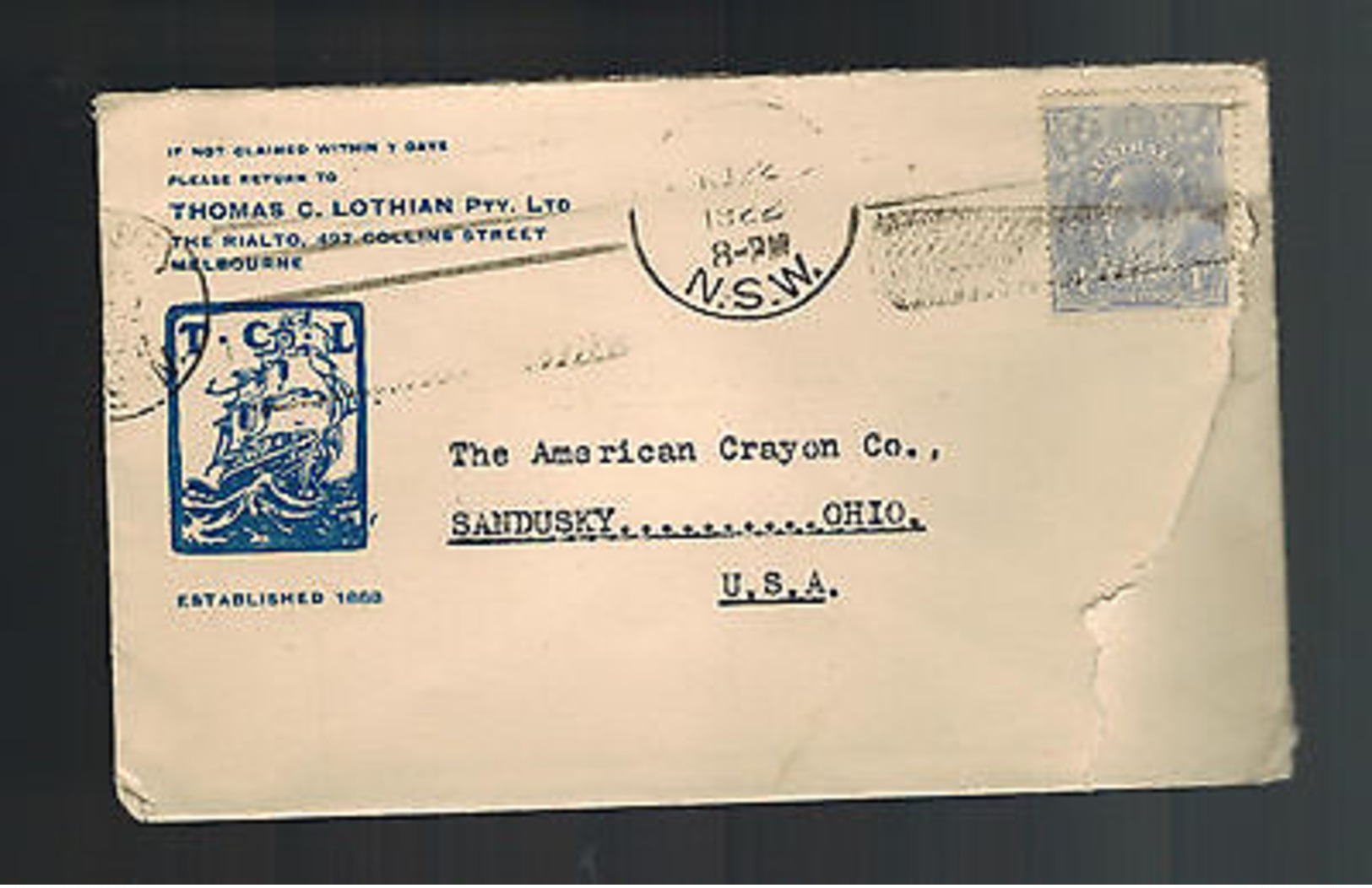 1922 Melbourne  Australia Cover To USA - Marcophilie