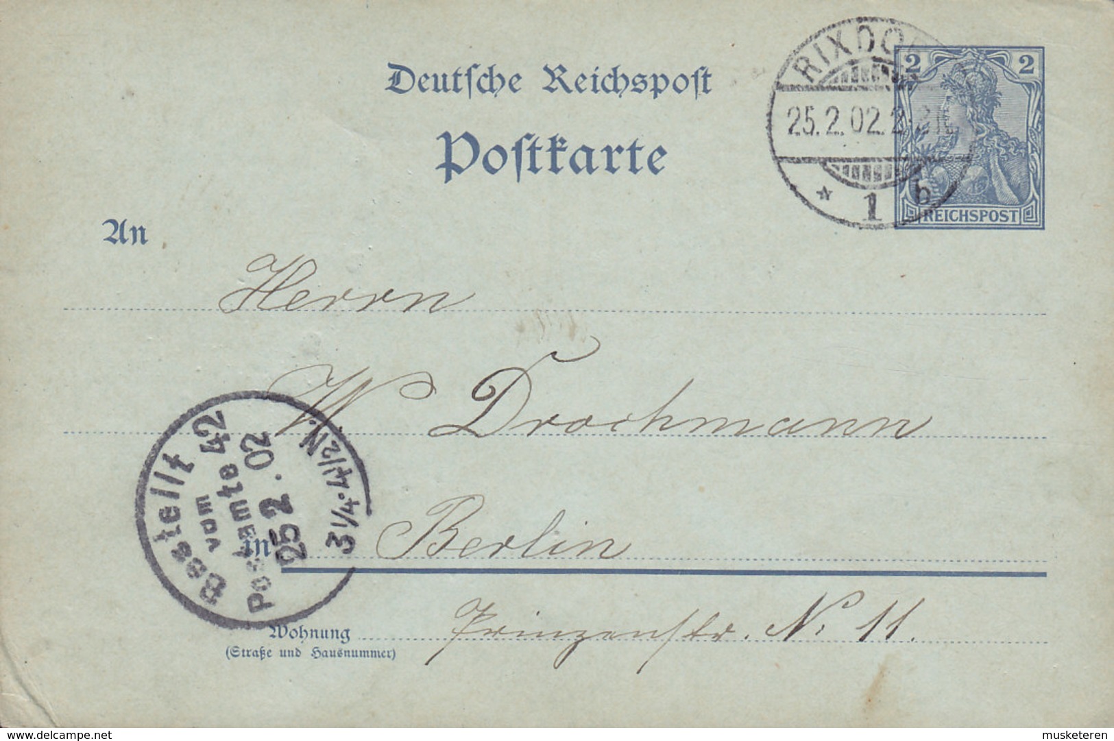 Deutsche Reichspost Postal Stationery Ganzsache Entier 2 Pf. Germania RIXDORF 1902 BERLIN (2 Scans) - Cartes Postales