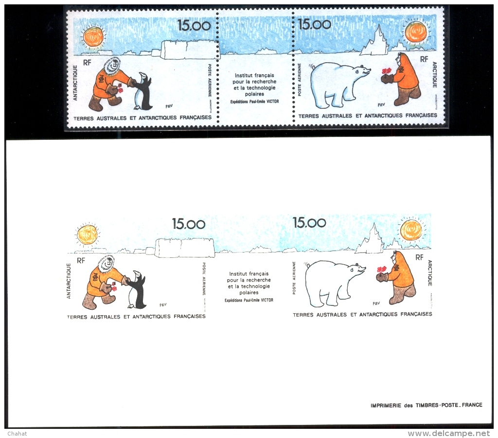 FRENCH INSTITUTE FOR POLAR RESEARCH AND TECHNOLOGY-PENGUINS-POLAR BEAR-PROOF &amp; GUTTER PAIR-SCARCE-MNH-D4-28 - Research Programs