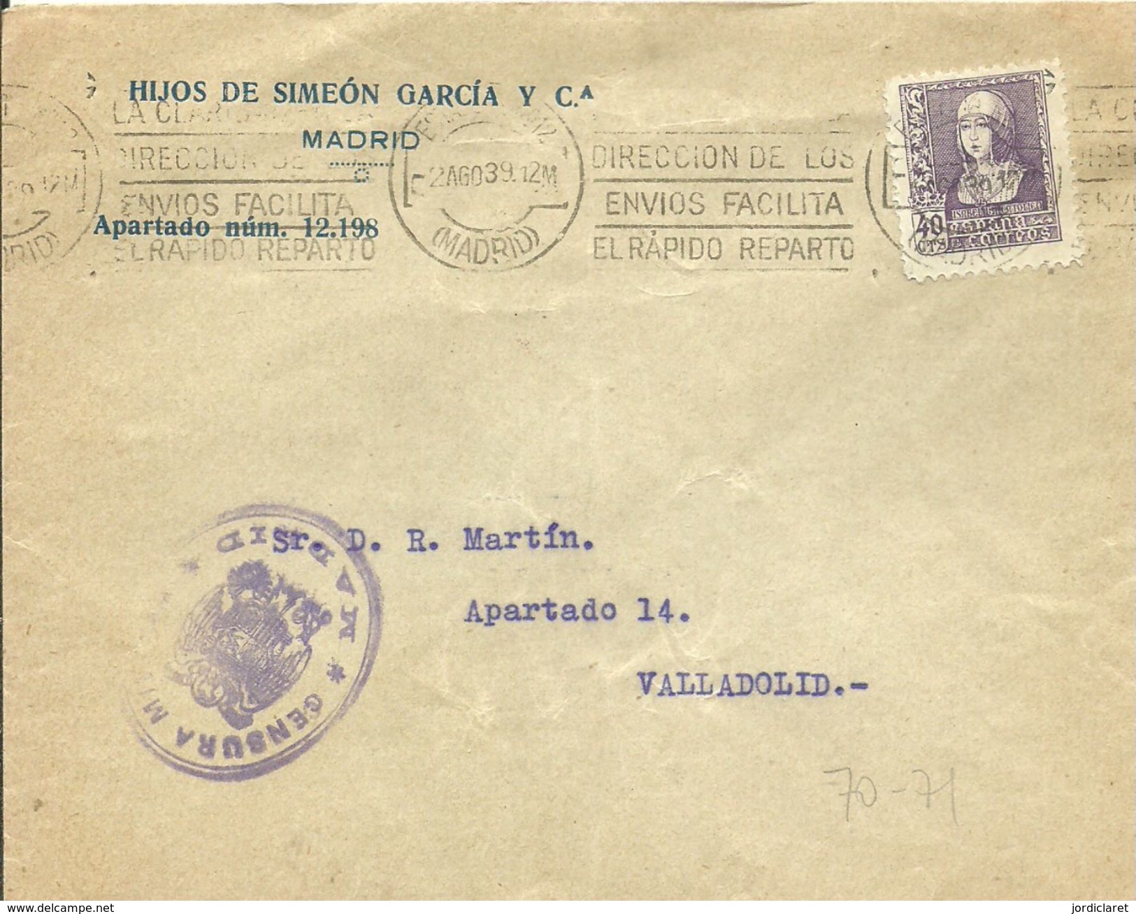 CARTA CENSURA  MADRID 1939  BONITO SOBBRE EN EL DORSO - Nationalistische Censuur