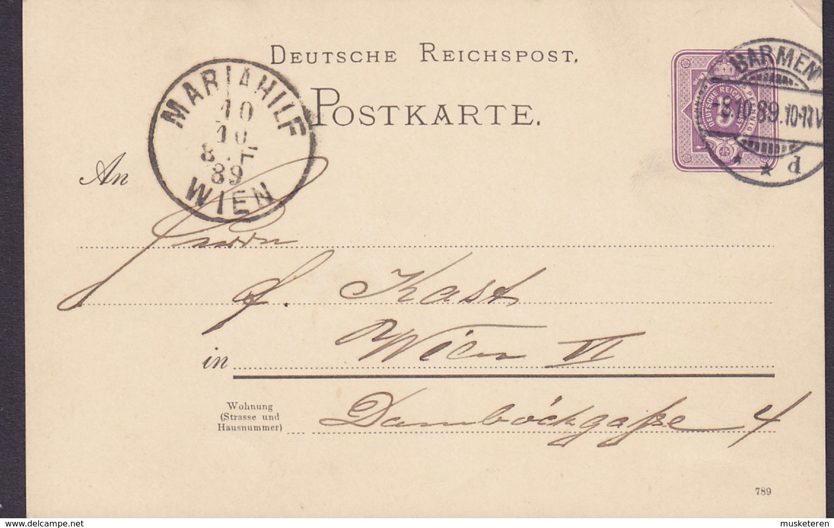 Germany Deutsche Reichspost Postal Stationery Ganzsache 5 Pf. (789) BARMEN 1889 MARIAHILF Wien Austria (Arr.)(2 Scans) - Postcards