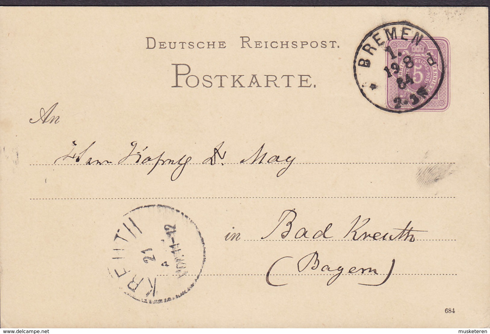 Germany Deutsche Reichspost Postal Stationery Ganzsache 5 Pf. (684) BREMEN 1884 Bad KREUTH Bayern (Arr.) (2 Scans) - Briefkaarten