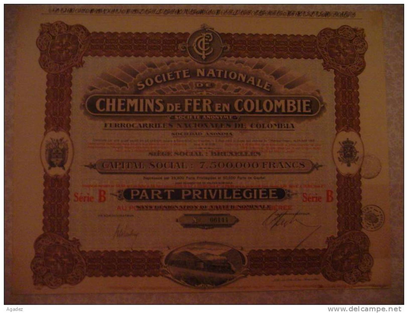 Chemin De Fer De Colombie Ferrocarriles De Colombia Part Privilégiée  1923 Litho"La Cote Libre Bruxelles"Train à Vapeur - Chemin De Fer & Tramway