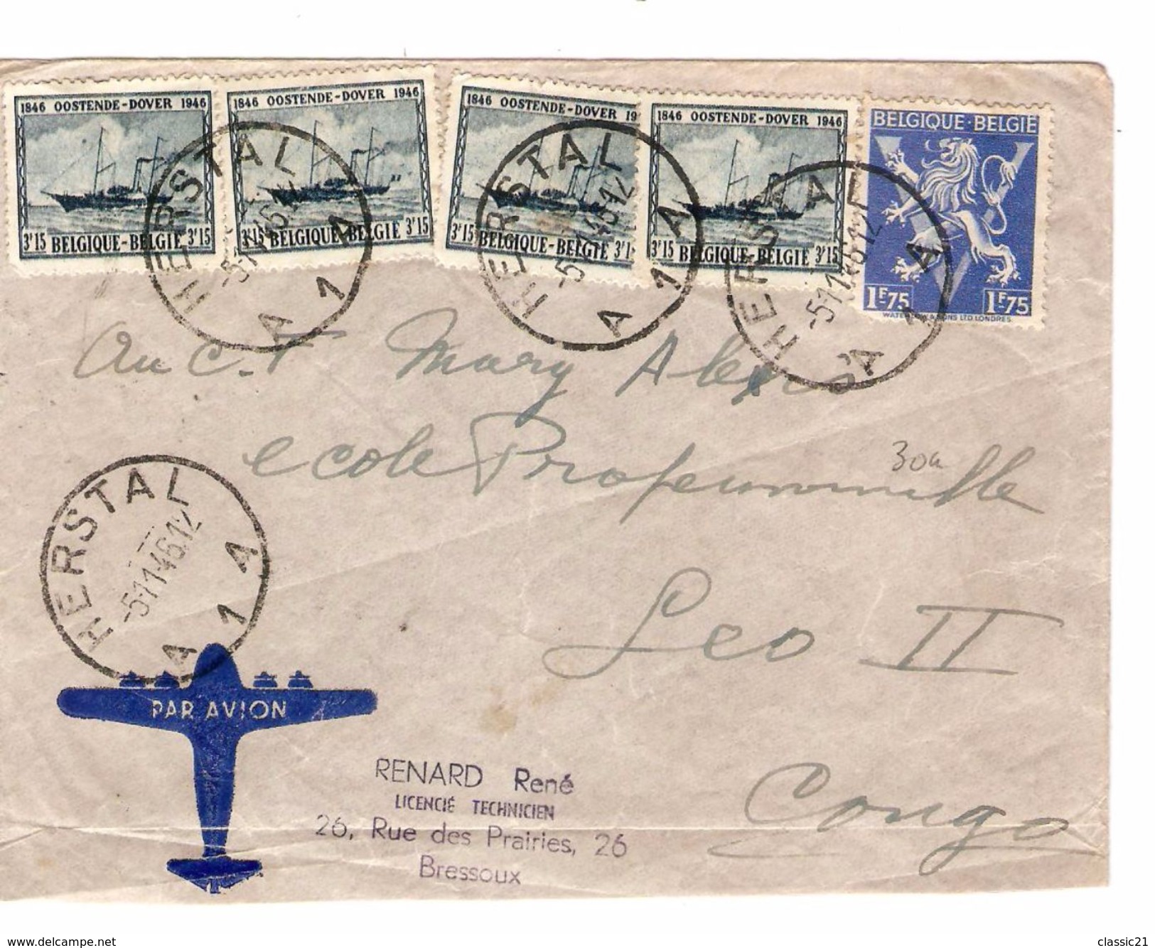 TP 727(4)-683 S/L.Avion écrite De Bressoux C.Herstal 5/11/1946 V.Léopoldville Congo Belge 879 - Lettres & Documents