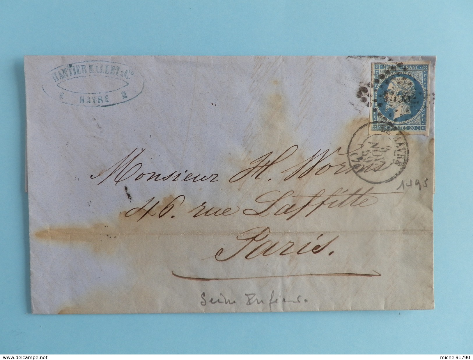 EMPIRE NON DENTELE 14 SUR LETTRE DE LE HAVRE A PARIS DU 3 NOVEMBRE 1859 (PETIT CHIFFRE 1495) - 1849-1876: Classic Period