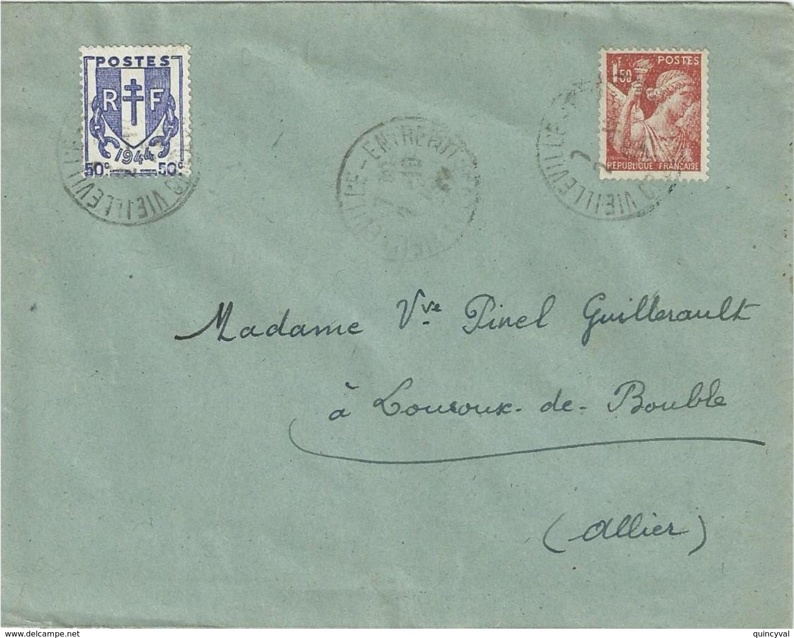 4036 VILLENEUVE ENTREPOT Lettre 1,50 F Iris Brun 50c Chaînes Brisées Yv 652 673 Ob 10 1945 Dest Louroux De Bouble Allier - Storia Postale