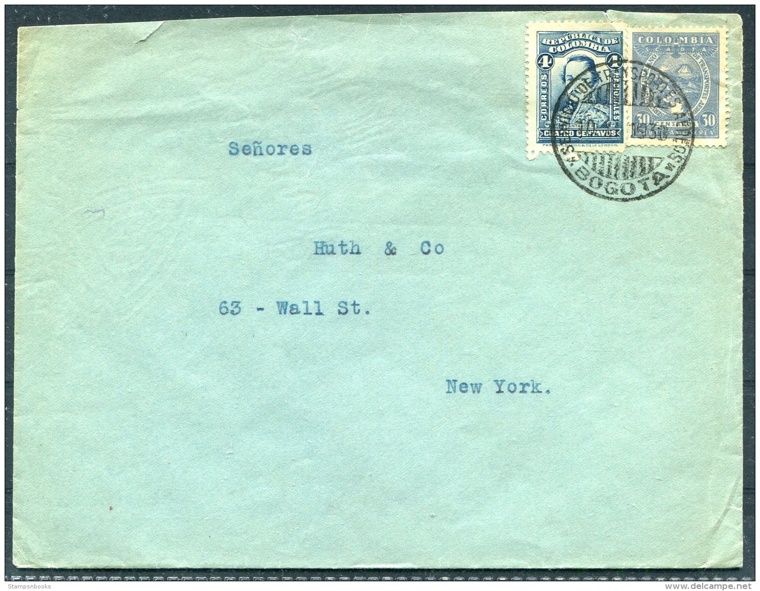 1930 Colombia Bogota Airmail Cover - Huth &amp; Co, Wall Street, New York - Colombia