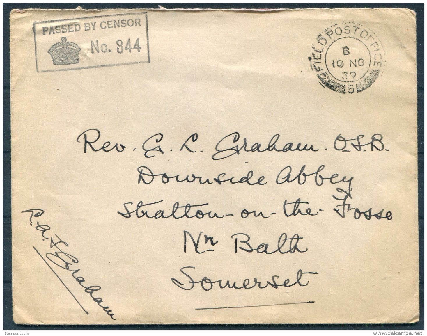 1939 GB Field Post Office FPO Censor Cover - Rev Graham O.S.B. Downside Abbey, Stratton On The Fosse, Somerset. Dunkirk - Covers & Documents