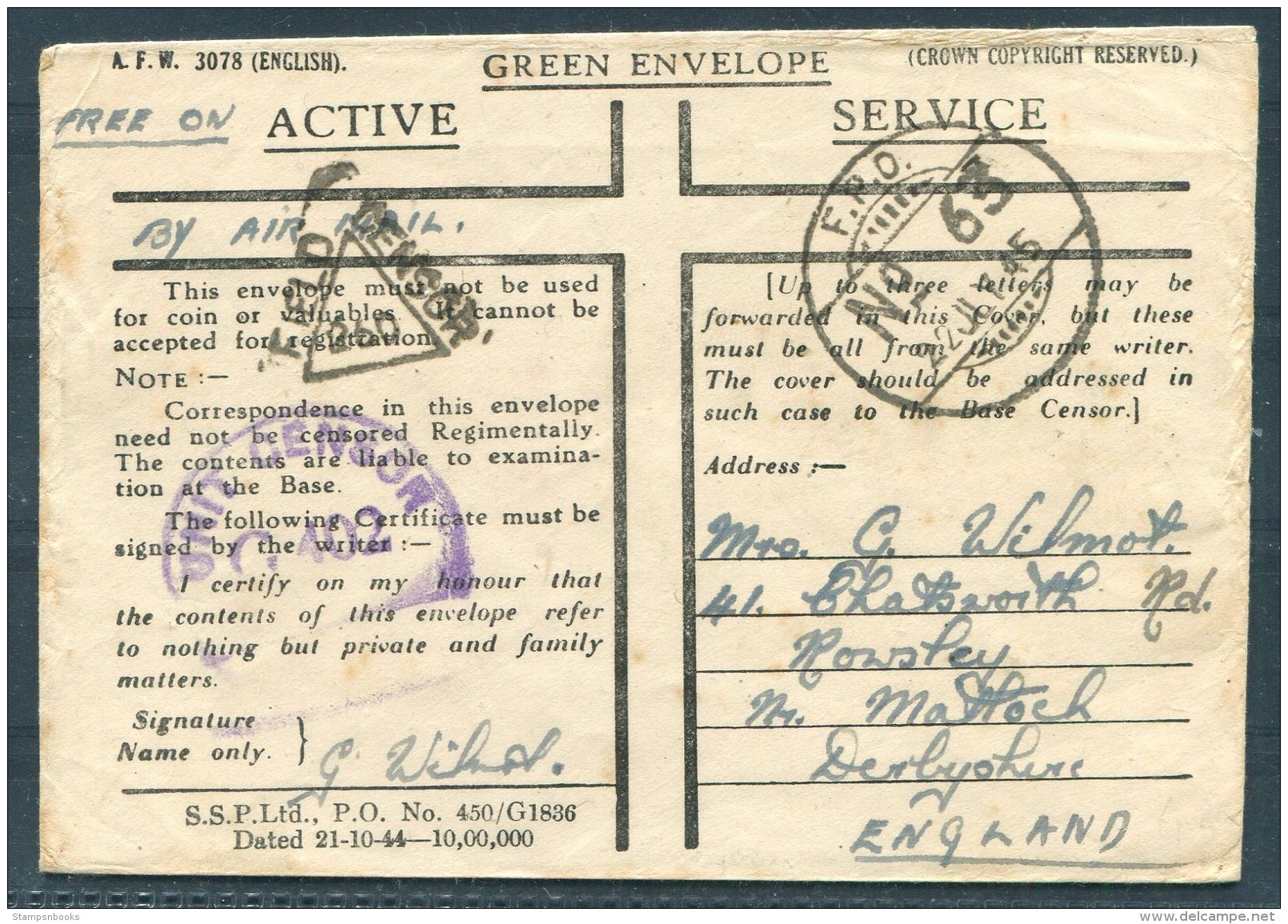 1945 GB Fieldpost FPO 'Green Envelope'  Unit + Field Censor Cover -  Wilmot, Matlock, Derbyshire. - Covers & Documents