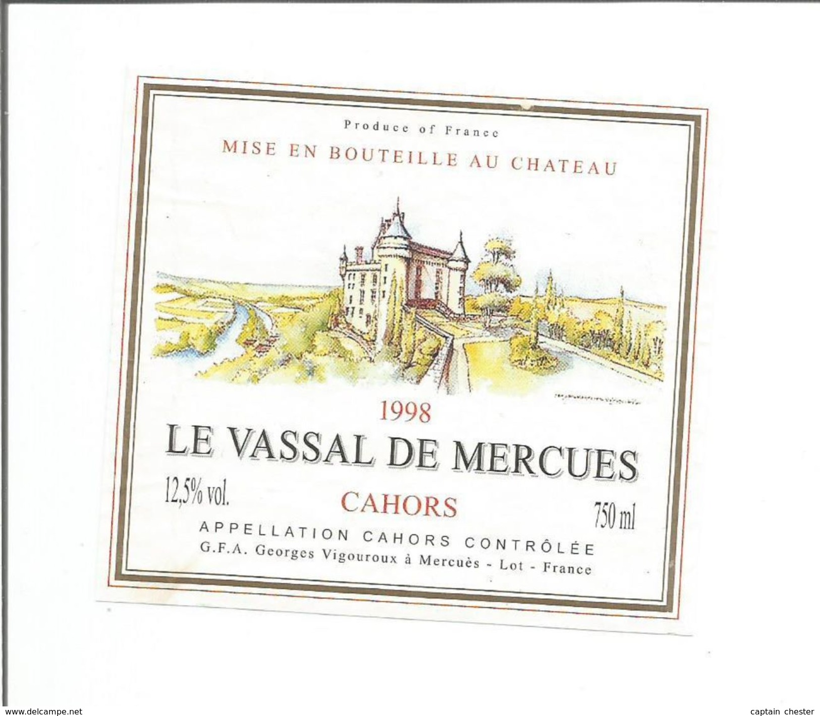 Etiquette De VIN FRANCAIS - CAHORS " Le Vassal De Mercues 1998 " - Castelli
