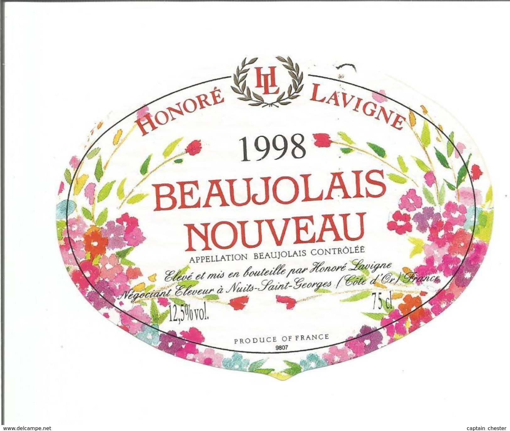 Etiquette De VIN FRANCAIS - BEAUJOLAIS NOUVEAU " Honoré Lavigne 1998 " - Fiori