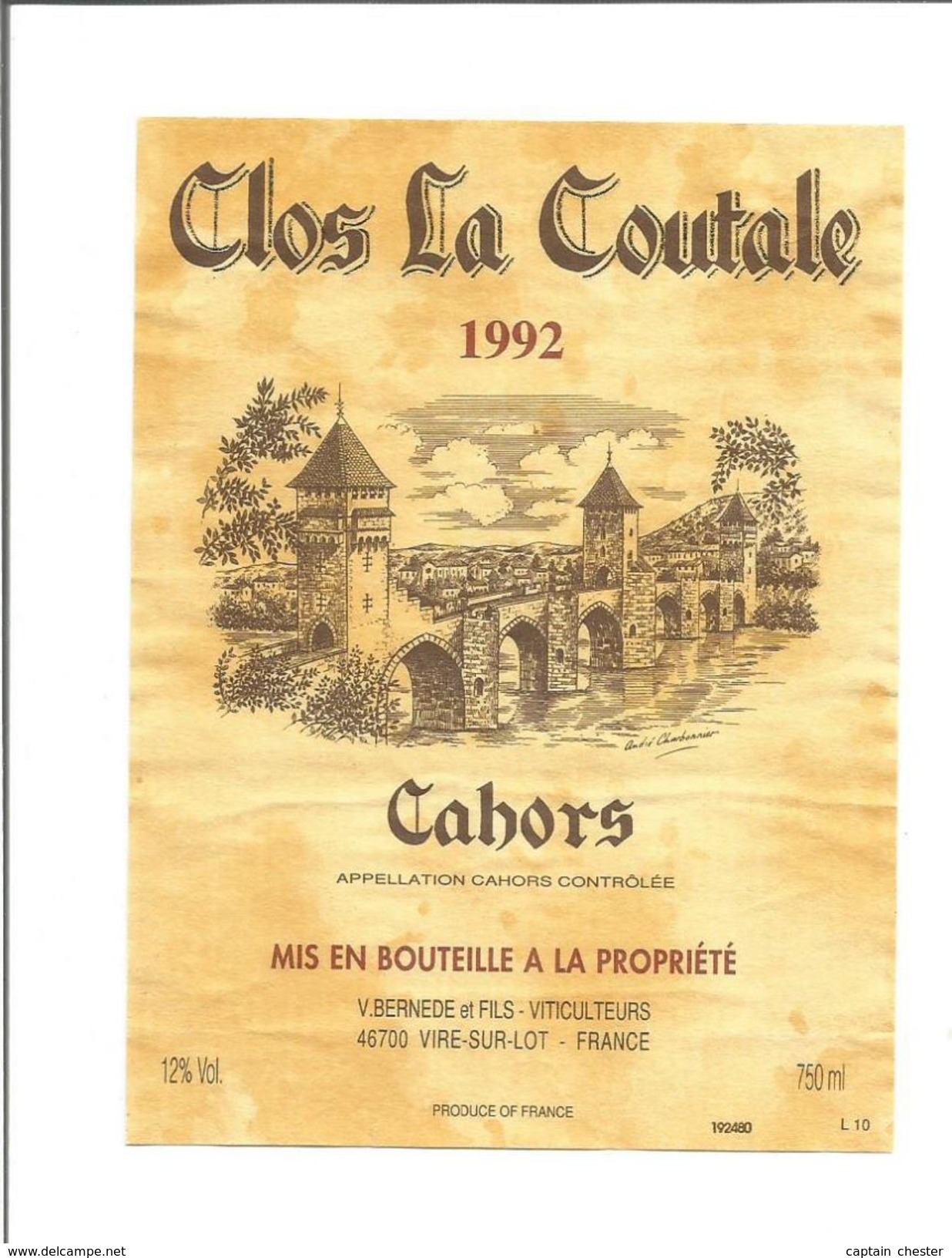 Etiquette De VIN FRANCAIS - CAHORS " Clos De La Coutale 1992 " - Ponti