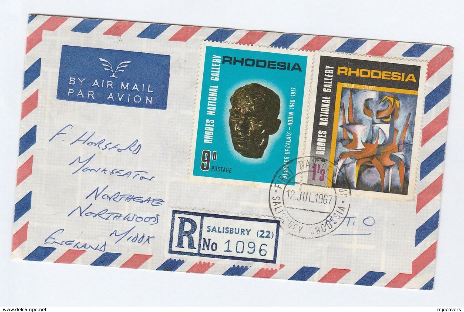 1967 REGISTERED Air Mail RHODESIA FDC  Stamps 9d 1/3 ART GALLERY  To GB  Additional 2x 3d On The Back - Rodesia (1964-1980)