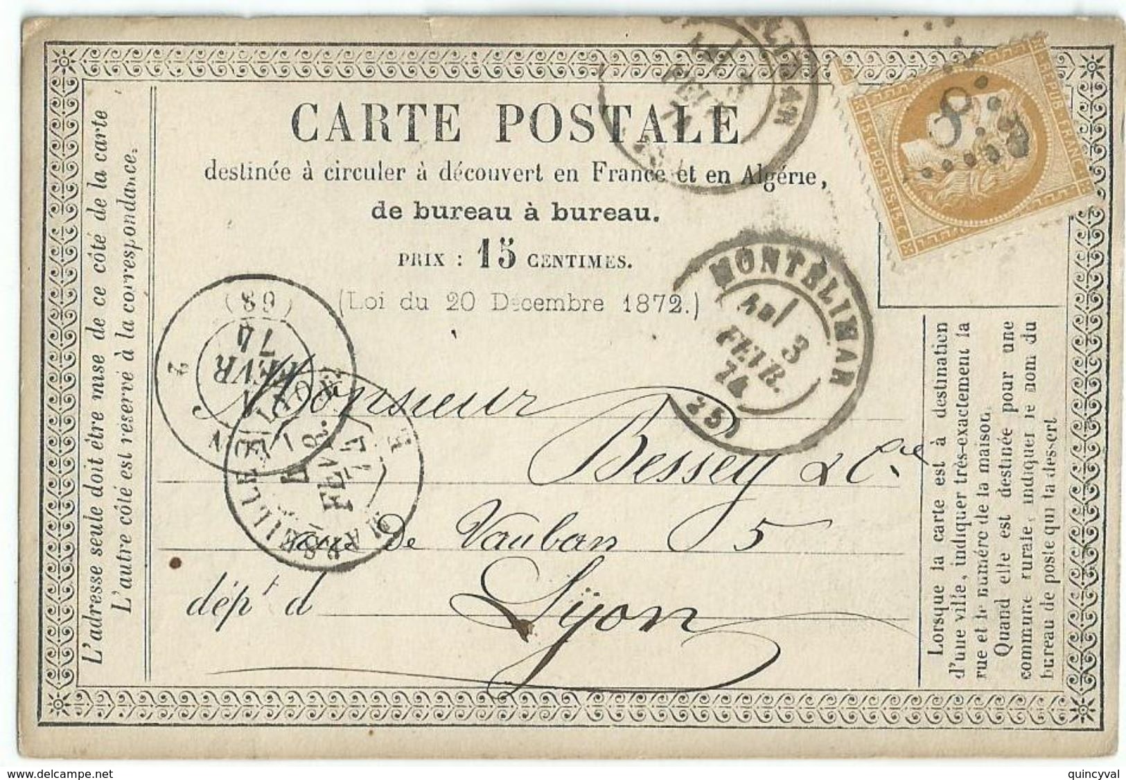 4041 MONTELIMAR Gros Chiffres 2448 Carte Précurseur Entier 15 C Cérés Yv 59 Ob 3 2 1874  Marseille A Lyon - Precursor Cards