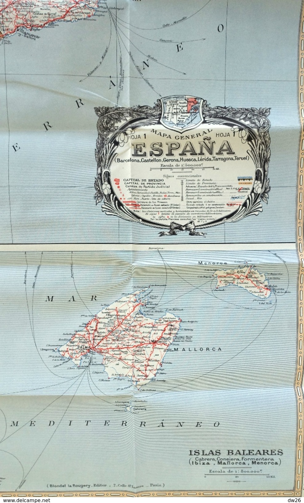 Mapa Turista Espana Y Portugal (Barcelona-Valencia-Islas Baléares) - Hoja 1 - Ed. Blondel 1938 (4 Colores) - Roadmaps