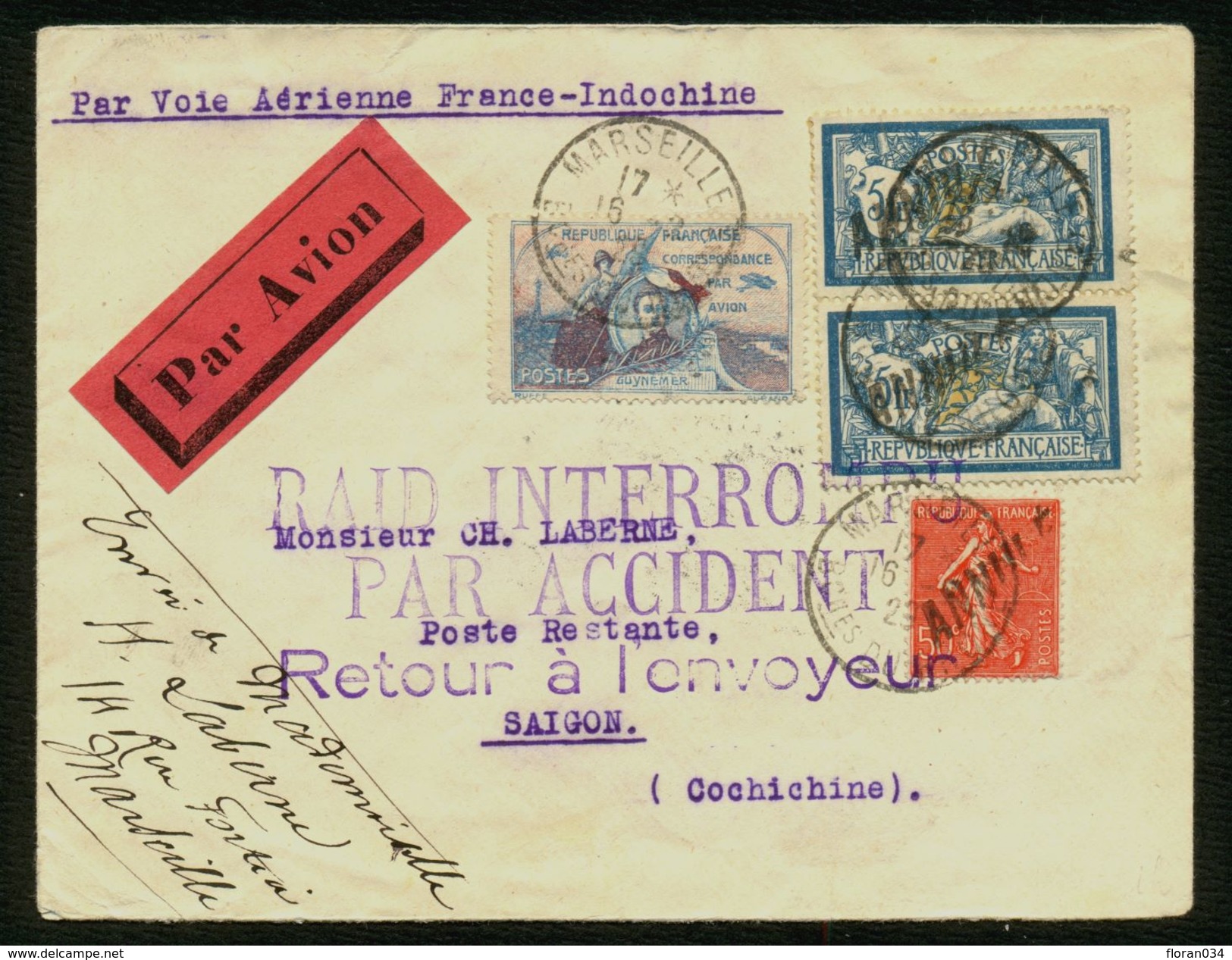 France Lettre Affr. N° 123 Paire + 199 + Vignette Guynemer Pour Saigon (accident De Bondy) - TTB Qualité - Storia Postale