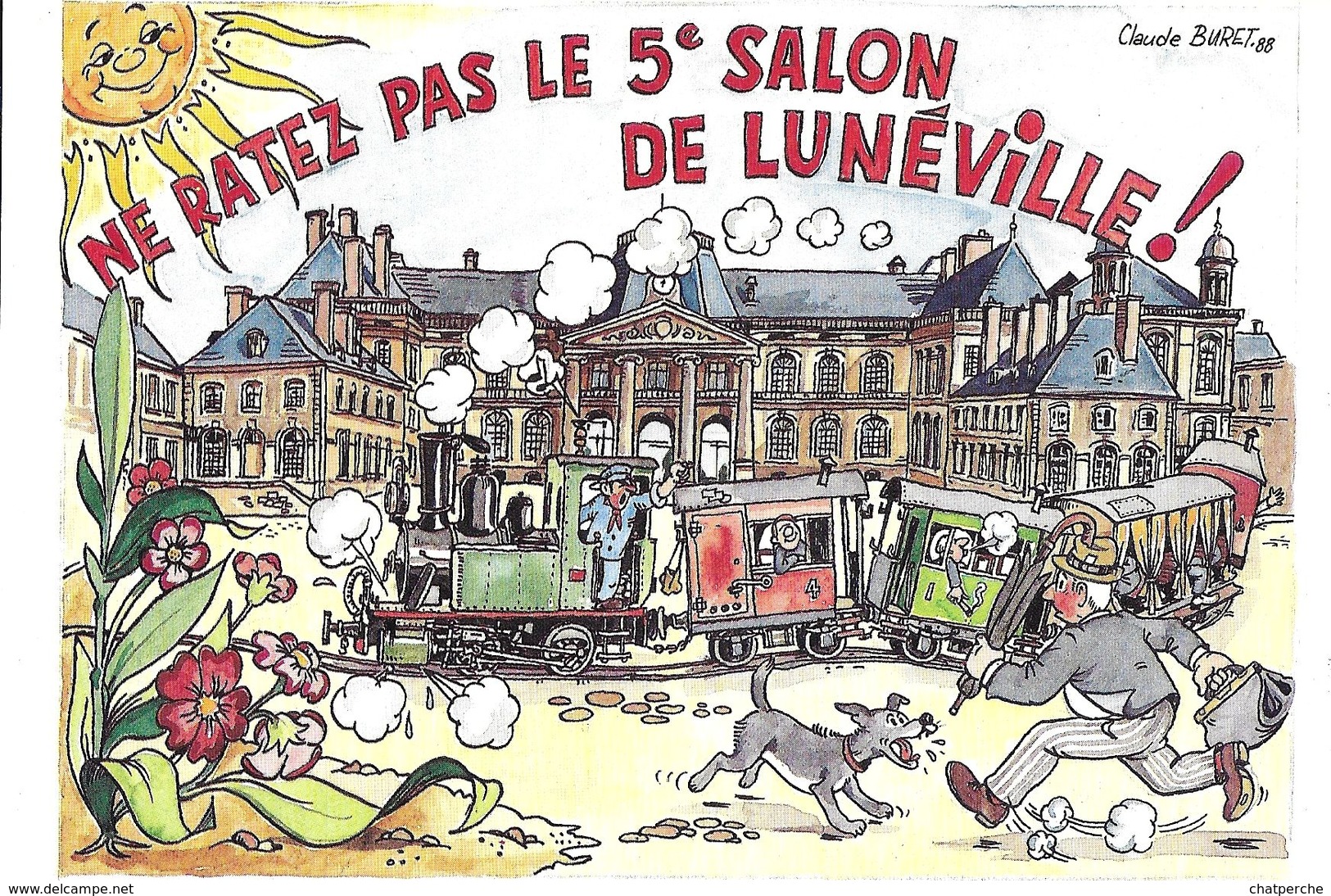 CARTE BOURSE SALON DE COLLECTIONS 5 EME SALON DE LUNEVILLE 1988 ILLUSTRATEUR CLAUDE BURET  TRAIN HUMOUR PARAPLUIE CHIEN - Bourses & Salons De Collections