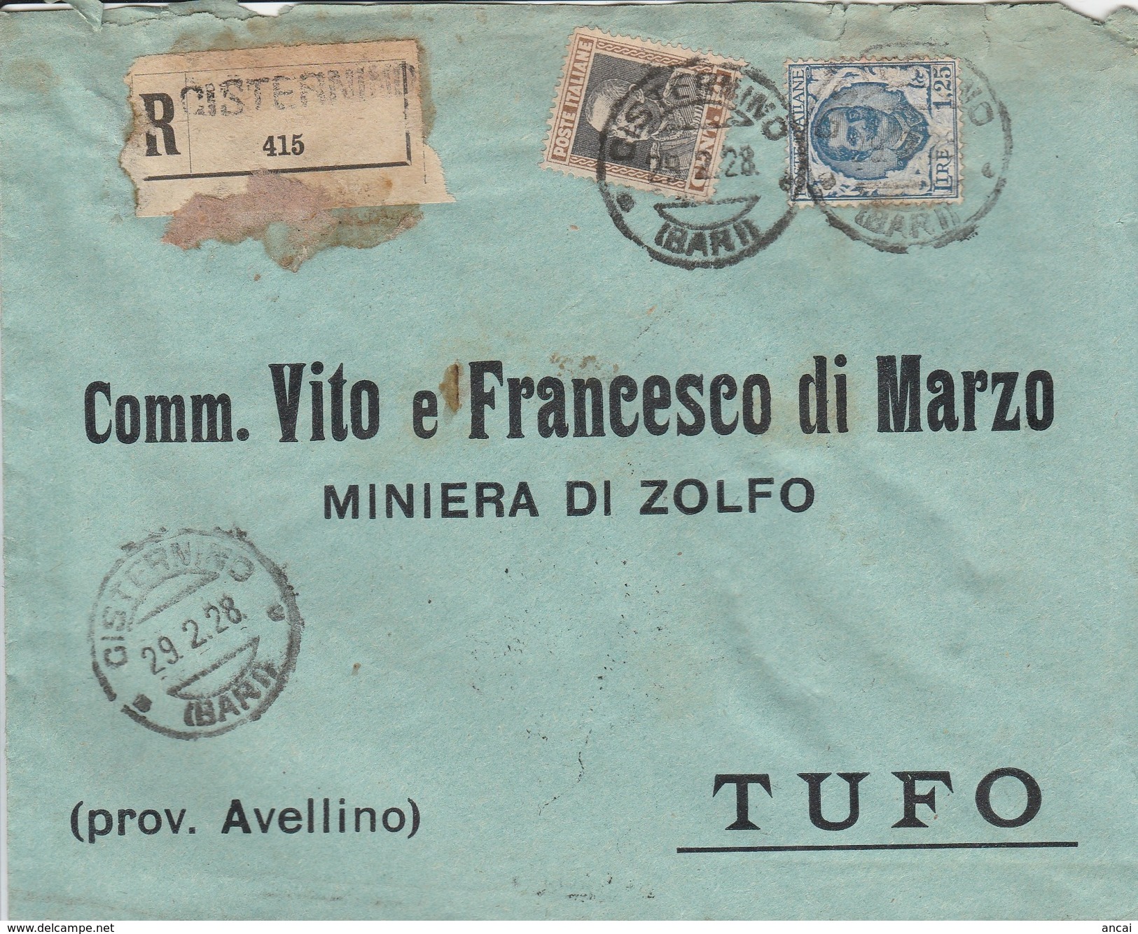 Cisternino. 1928. Annullo Guller CISTERNINO (BARI) Su Lettera Raccomandata. Affrancatura Interessante. - Marcofilía