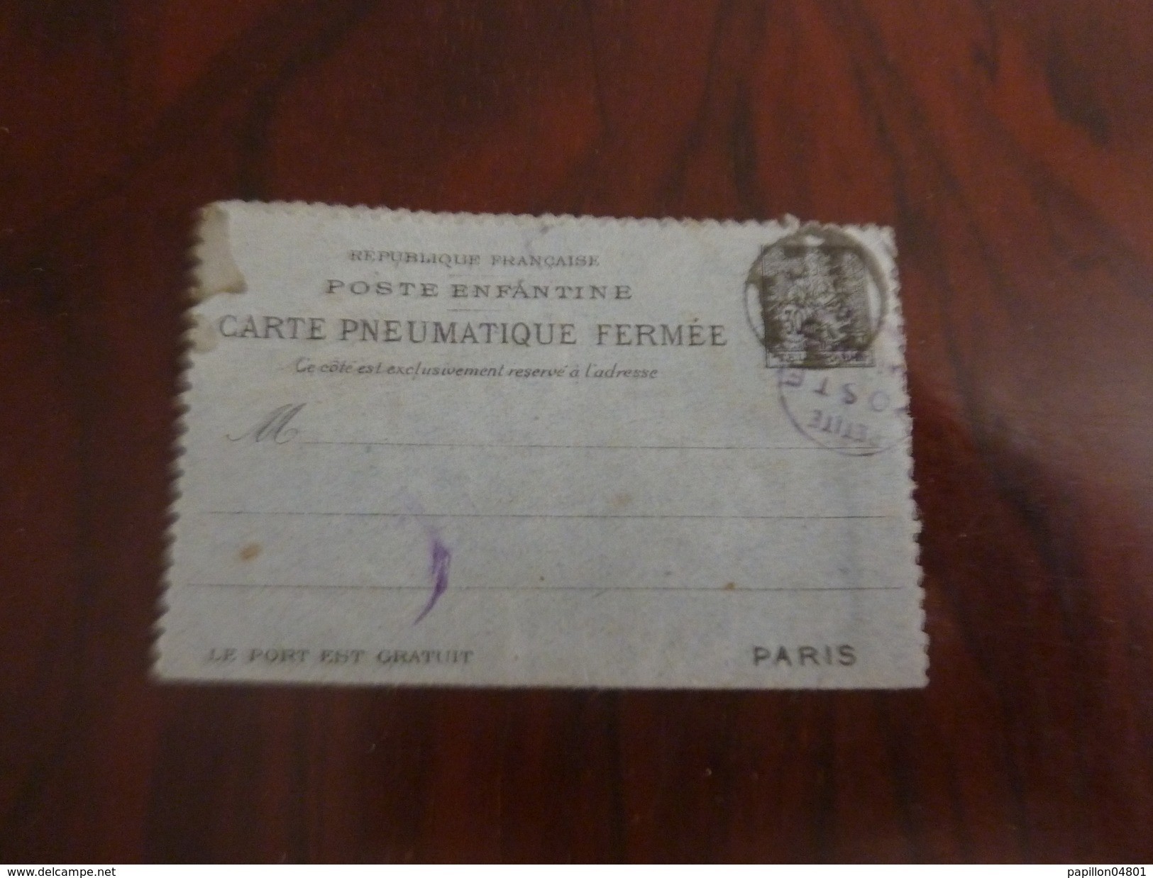 POSTE ENFANTINE ENTIER POSTAL CARTE PNEUMATIQUE FERMEE AU TYPE SEMEUSE - Pseudo-interi Di Produzione Privata