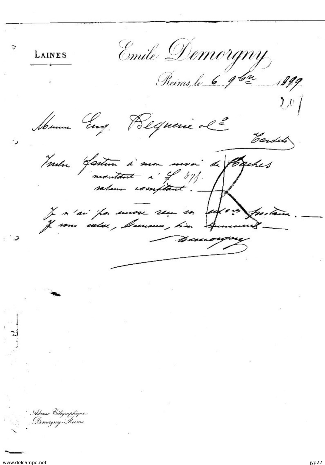 Courrier Laines Emile Demorgny Reims 6-11-1899 Pour Mr Béguerie Tardets - 1800 – 1899