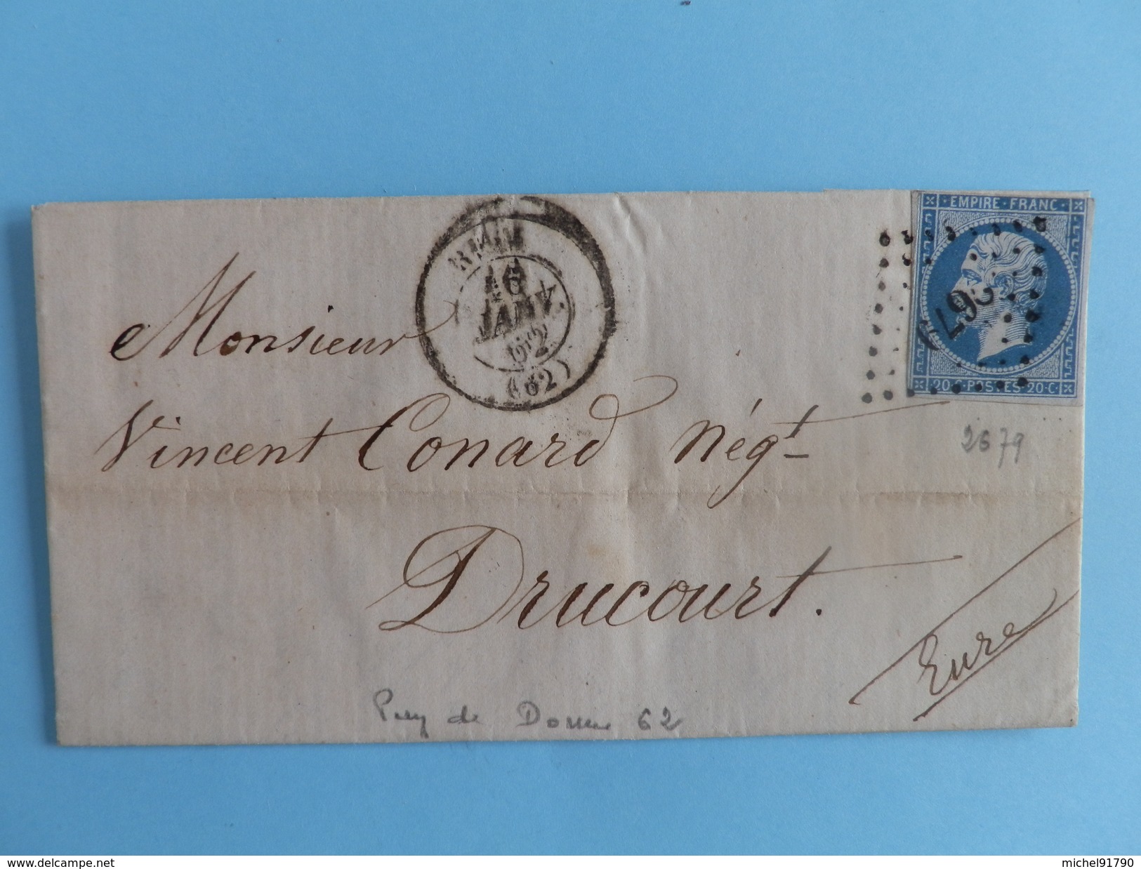 EMPIRE NON DENTELE 14 SUR LETTRE DE RIOM A DRUCOURT DU 16 JANVIER 1862 (PETIT CHIFFRE 2679) - 1849-1876: Classic Period