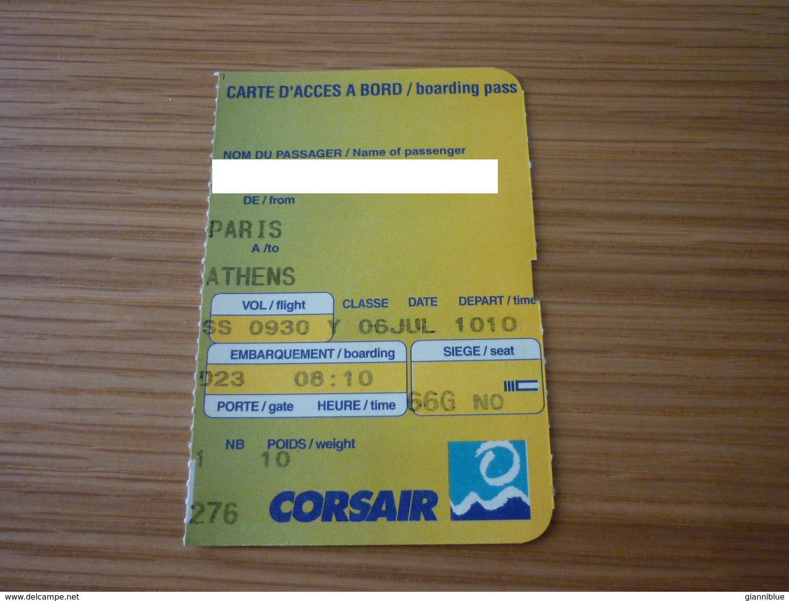 Corsair Avion Plane Passenger Transportation Ticket (from Paris To Athens) - Wereld