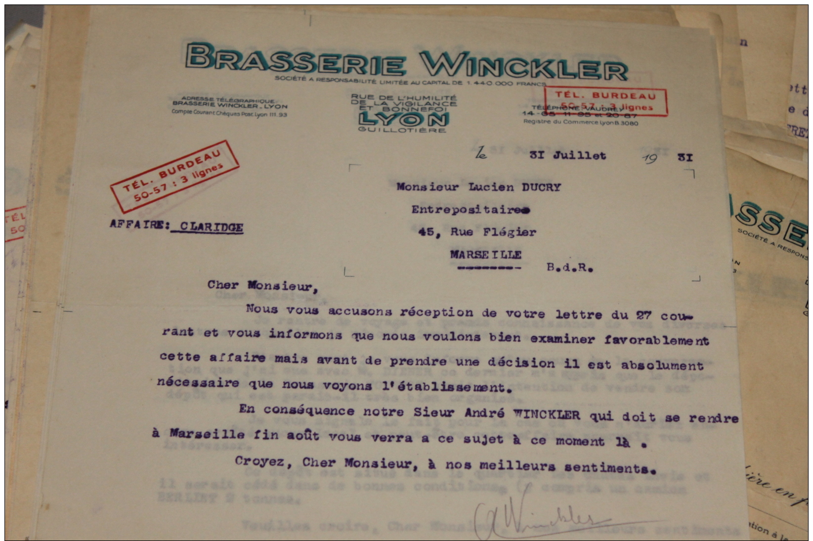 Lot De Documents De La Brasserie Winckler De Lyon 1931-35 - Documents Historiques