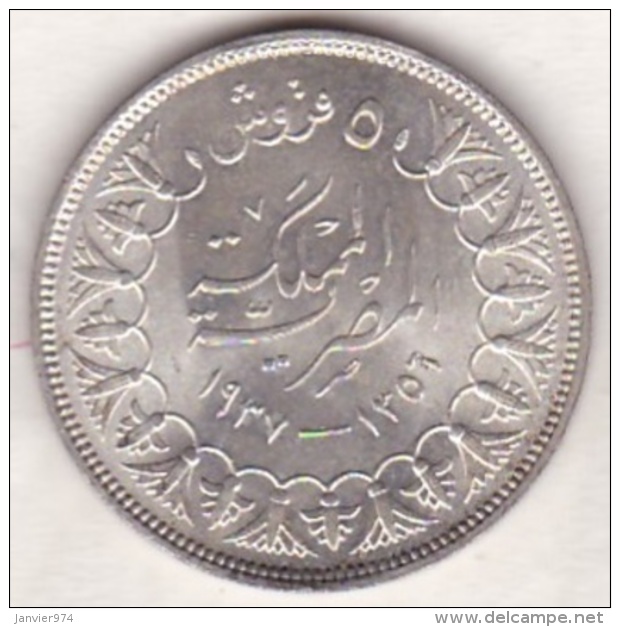 Egypte. 5 Piastres AH 1356 &ndash; 1937. Roi Farouk. Argent.  KM# 366 - Egypte