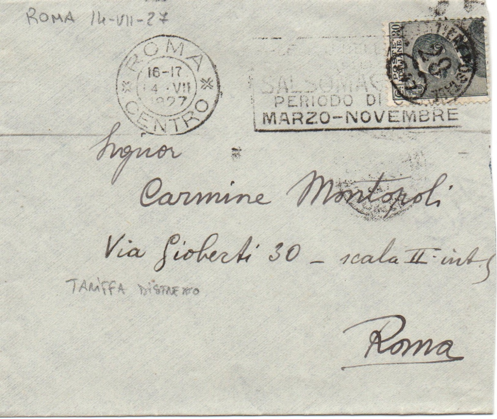 ANNULLO QUARTIERE POSTALE ROMA Per CITTA' - 14.7.1927 Busta INTESTATA TARIFFA DISTRETTO  30c. Michetti 1/137 - Storia Postale