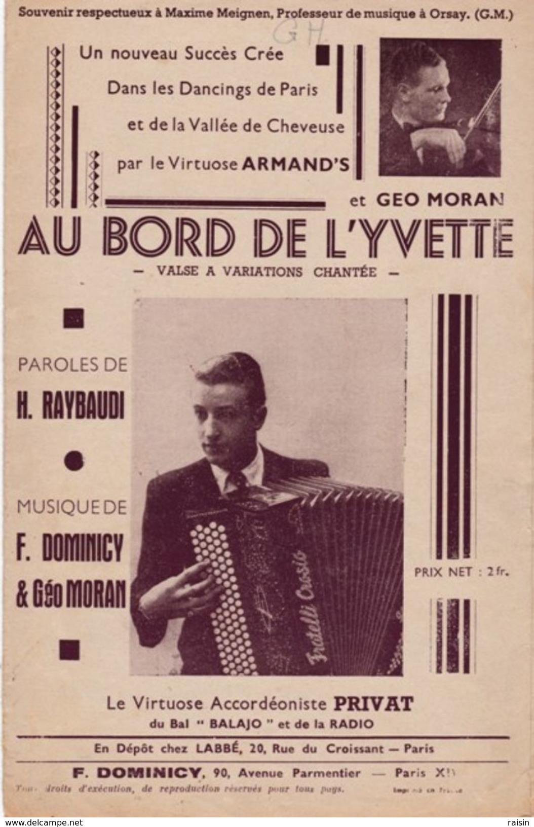 Au Bord De L'Yvette Valse Paroles H.Raybaudi, Musique F.Dominicy & Géo Moran, Virtuose Accordéoniste Privat BE - Partitions Musicales Anciennes