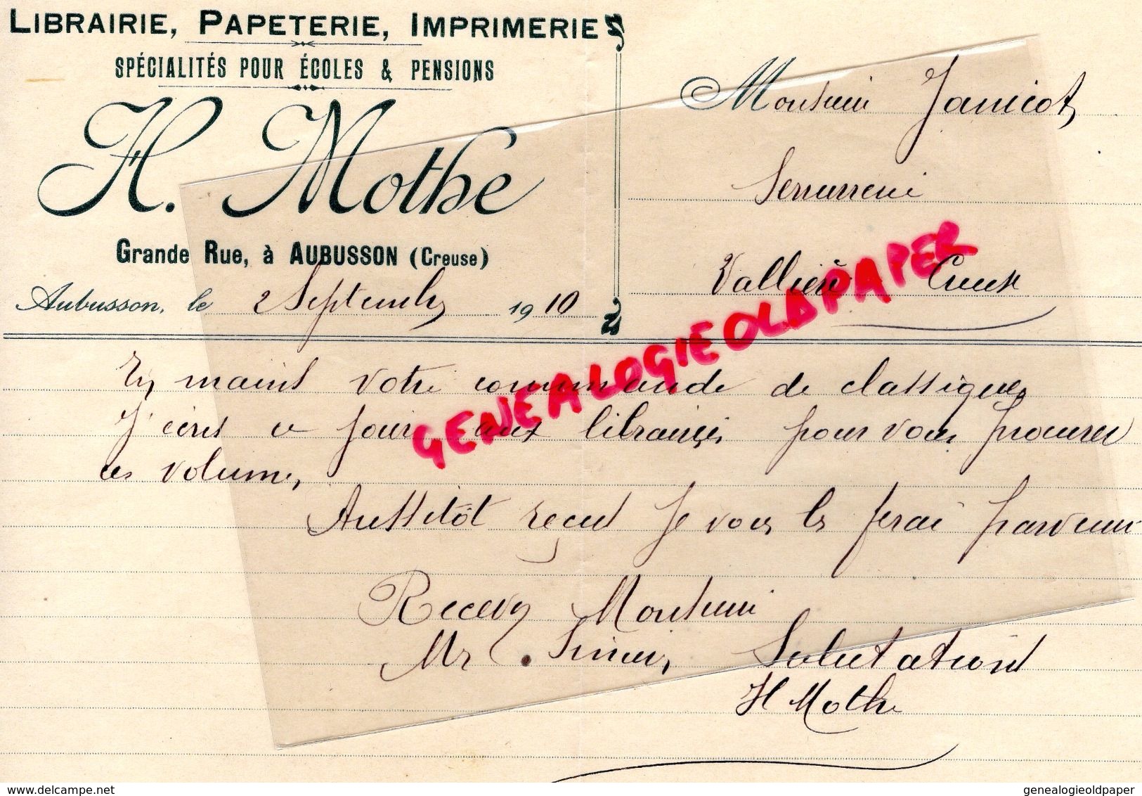 23 - AUBUSSON- LETTRE MANUITE SIGNEE HENRI MOTHE- LIBRAIRIE PAPETERIE IMPRIMERIE CARTES POSTALES- 1910 - Imprimerie & Papeterie